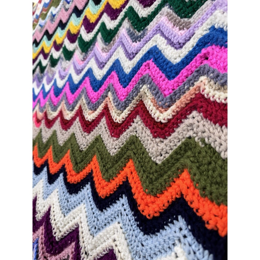 Vintage Handmade Crochet Blanket Throw 61" x 36" Boho Colors Chevron Granny 70s